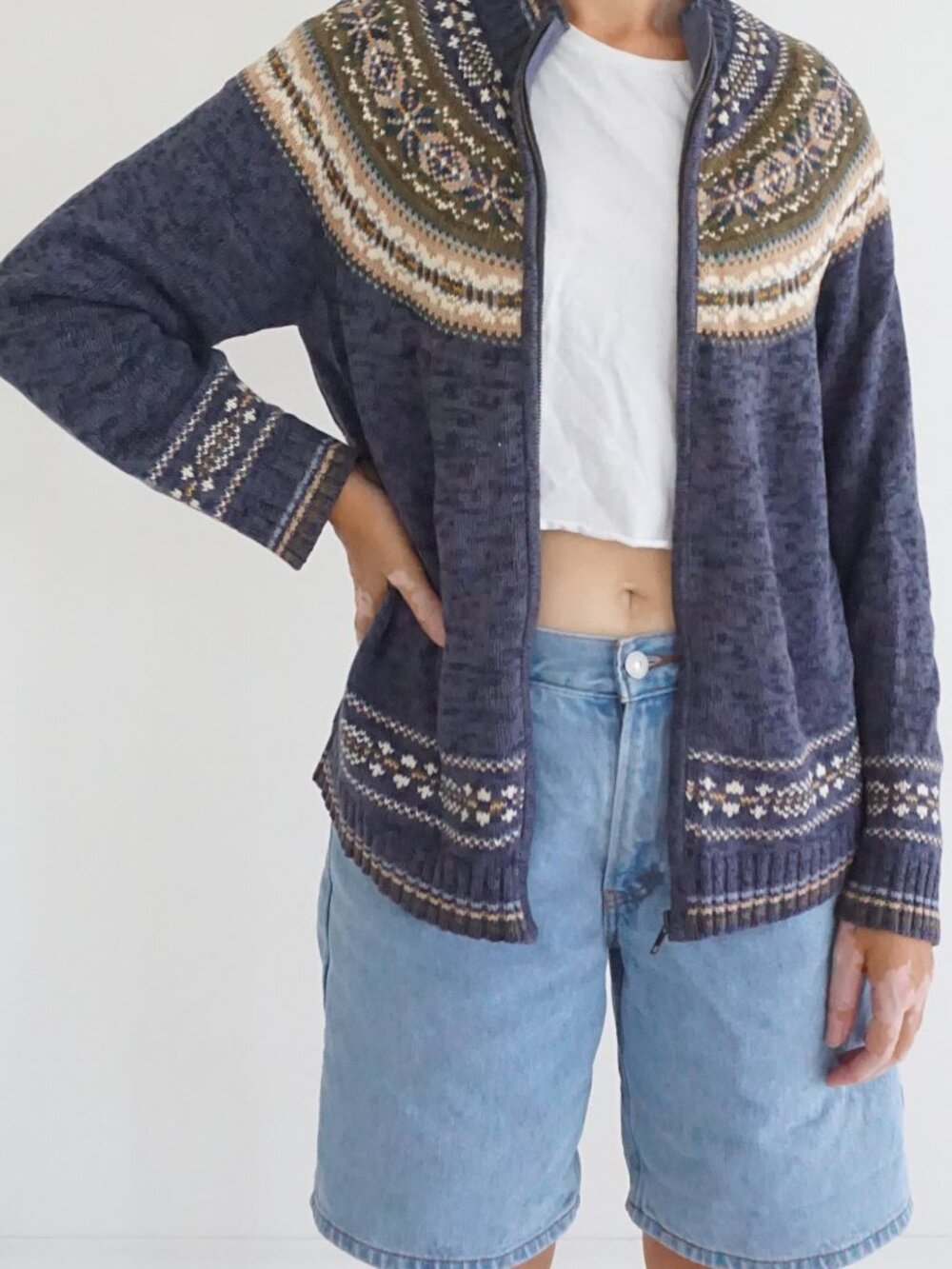 Vintage Tiara International Blue Fair Isle Nordic Snowflakes Holiday Cardigan S
